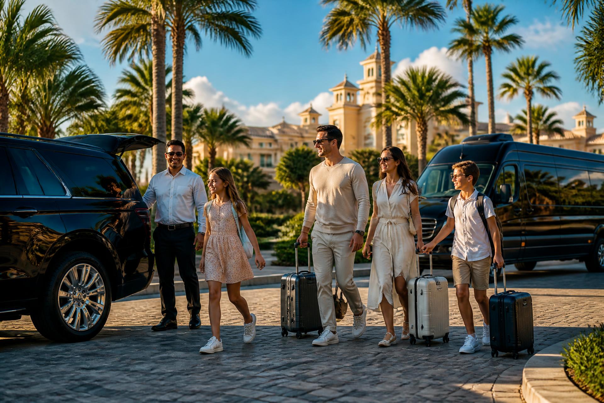 A family and chauffeur beside a black SUV and passenger van on a sunny Orlando resort boulevard